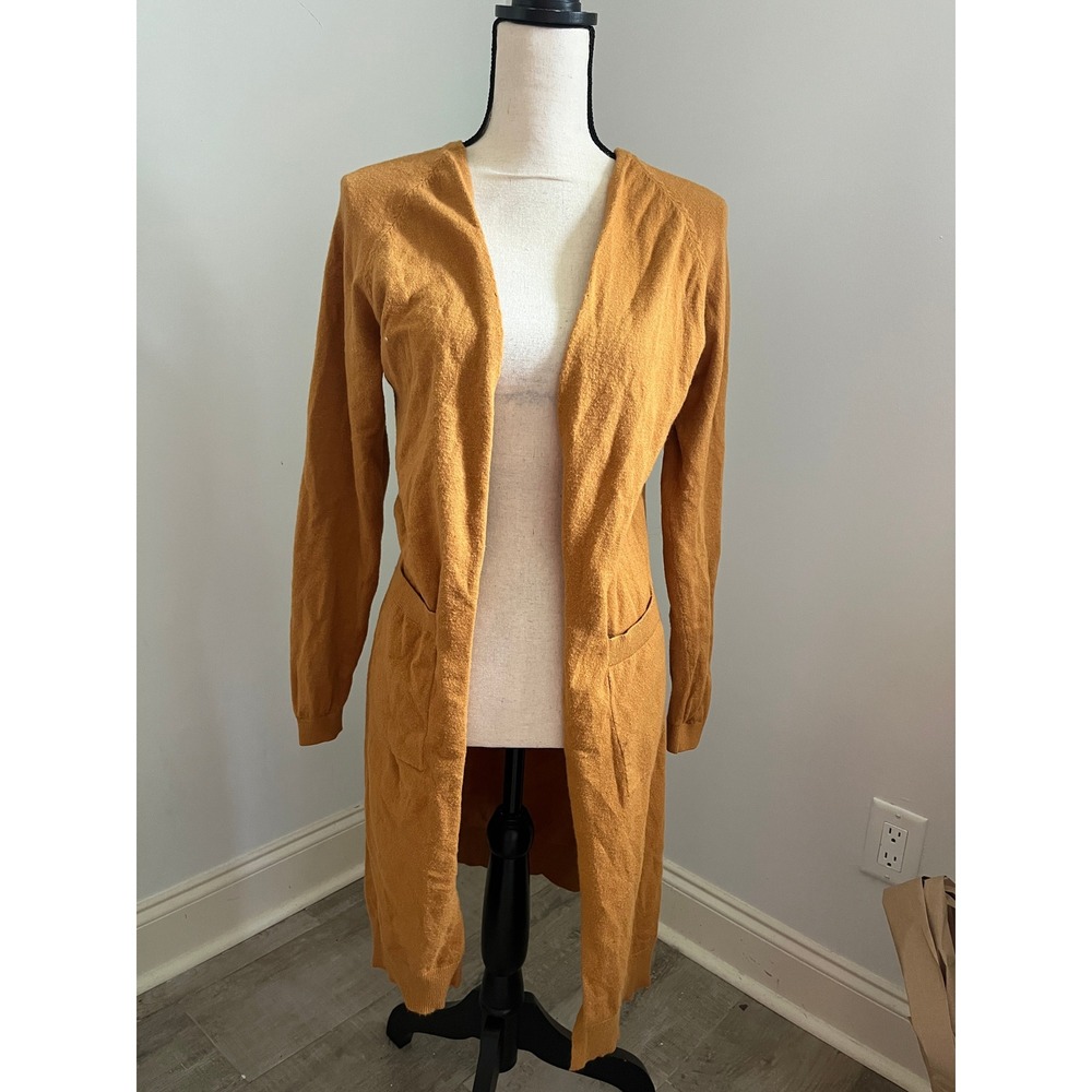 Mustard Yellow Open Front Cardigan Small Long Duster Sweater Boho Chic Everyday